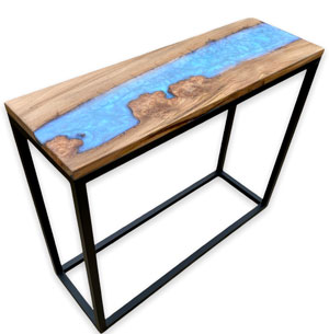 Burr Elm Console Table Ghost Blue Resin