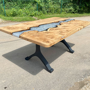 Burred Oak & Silver Pearl Resin River Dining Table