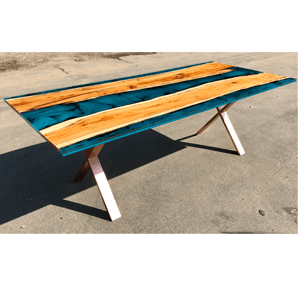 Double Yew Slab & Reef Blue Resin River Dining Table (SOLD)